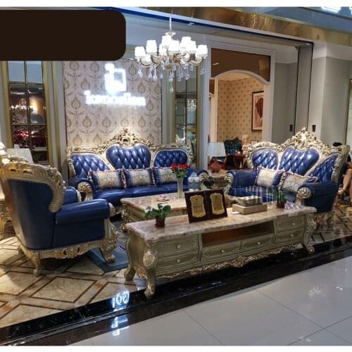 European-style First Layer Cowhide Sofa Combination All Solid Wood Carved 123 Combination Sofa Luxury Gold Foil Sofa