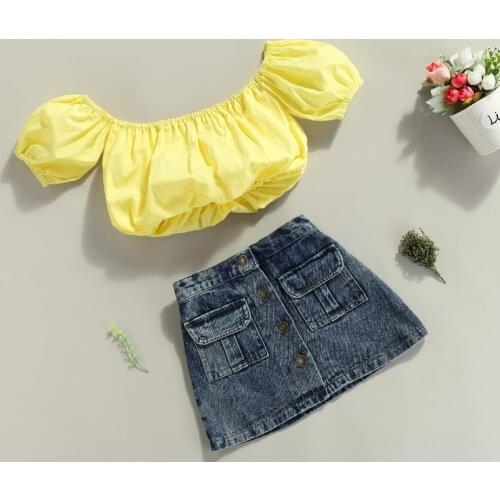 2PCS Toddler Girls Summer Clothing Set Short Sleeve Off Shoulder Shirt Tops Button Denim Skirt Set Childrens Sets 2pcs