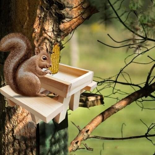 Wood Squirrel Feeder for Outside Outdoors Squirrel Picnic Table Chipmunk Bench Feeders House Corn Holder for Garden Yard