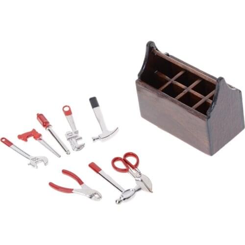 1:12 Scale Dollhouse Miniature Wooden Box Metal Hand Tools Set for Doll Accessories 4.9*2.9*4.7cm