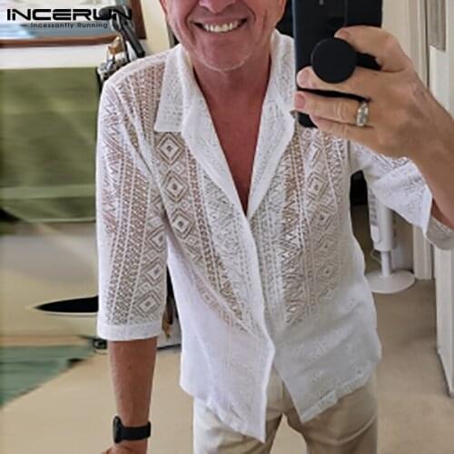 2021 Men Mesh Shirt See Through Lapel Sexy Short Sleeve Lace Button Camisa Masculina Streetwear Party Nightclub Tops 5XL INCERUN