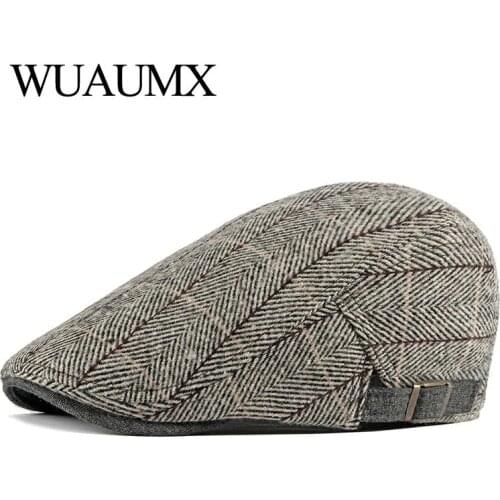 Wuaumx Autumn Beret Hats Men Visor Retro British Peaked Flat Ivy Cap Elderly Duckbill Hat Middle-aged Herringbone Beret Cap