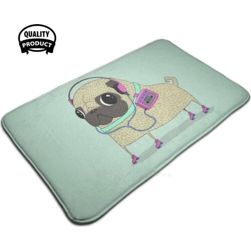 Roller Pug Door Mat Foot Pad Home Rug Pug Dog Animal Rollerskates Walkman Eighties Headphones Skates Mint Green Pink Retro A