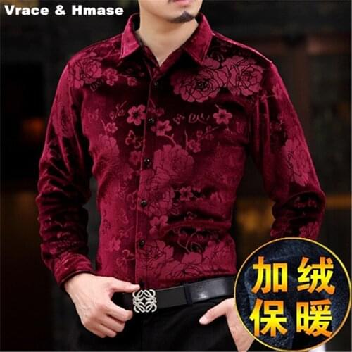 Floral patterns gold velvet high-end business casual long sleeve shirt 2016 Autumn&Winter fashion slim quality men shirt M-XXXL