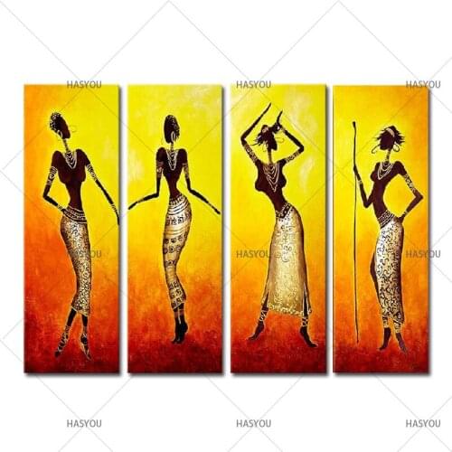 HandPainted Abstract Oil Painting Home Decor Wall Art Modern Colorful African dancer gold oil Paintings 4 Panel Pictures Sets