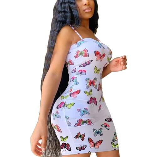 Butterfly Print Women Party Spaghetti Strap Dress Sexy Hot Clubwear Bodycon Skinny Mini Dresses 2021 Fashion Streetwear Clothes