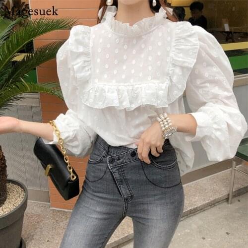 Spring Vintage Cotton White Blouse Women 2021 New Puff Sleeve Casual Female Shirt Top Plus Size Loose Women Shirts Blouses 13142