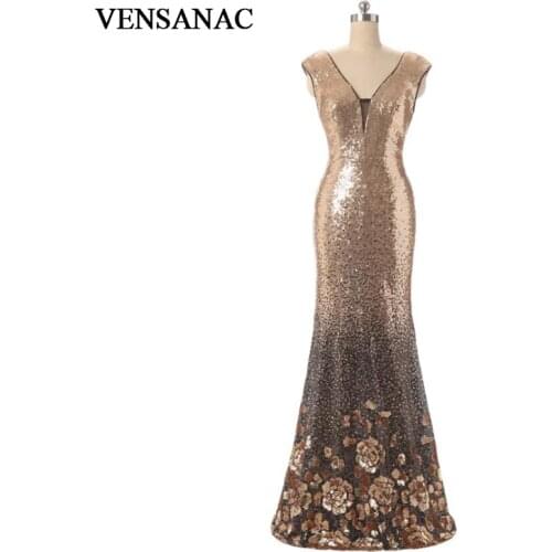 VENSANAC 2018 V Neck Sequined Mermaid Long Evening Dresses Party Lace Tank Flowers Patterns Backless Prom Gowns