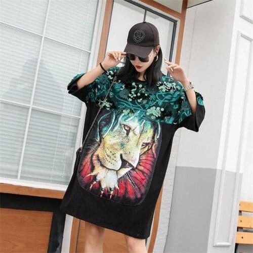 2021 summer new plus size womens western style sequined print mid-length t-shirt loose trend half-sleeved T-shirt