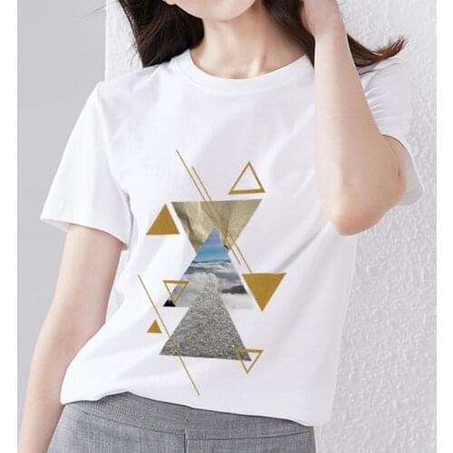 Womens T-shirt White Basic Casual Slim British Style Top Creative Geometric Graphic Pattern Printing Round Neck Short Sleeve