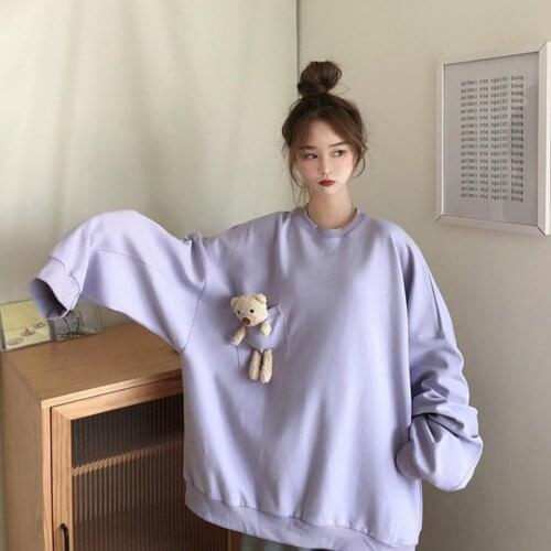 Women Autumn Long Sleeve Pocket Cute Bear Blouse Top O Neck Oversized Sweatshirt