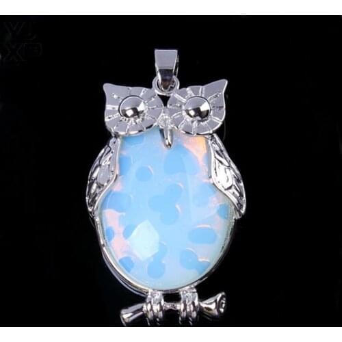 YJXP Unique Natural Opal Opalite Crystal Stone Silver Plated Virtuous Wit Owl Shaped Pendant for Women Charms Jewelry