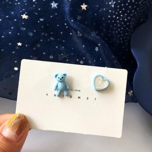 2021 Trending Asymmetric Studs Earrings Asymmetric Women Cute White Blue Bear Heart Girls Creative Cartoon Earrings Jewelry