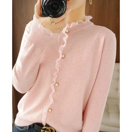 2021 Spring Summer Fall New Pearl Clasp Round Collar Cardigan Lace Knitting Sweater Coat Female Temperament Render Unlined Upper