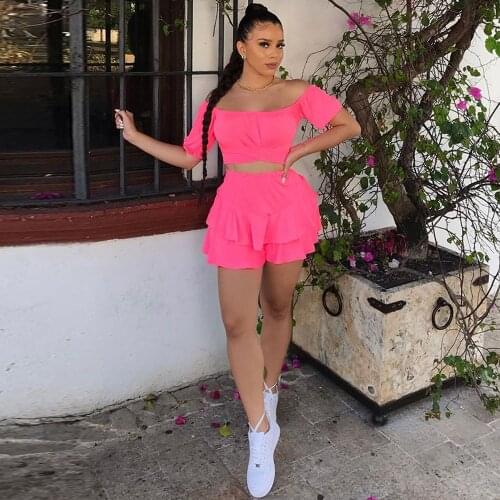 Sweet Girl Sporty Two Piece Club Outfits Slash Neck Off Shoulder Crop Top Ruffles Skirt Short for Women Clothing Matching Set