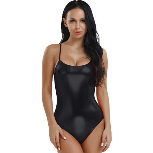 Women Spaghetti Straps Shiny Patent Leather Sexy Bodysuit Ballet Dance Wear Gymnastics Leotard Adult Stage Performance Costume