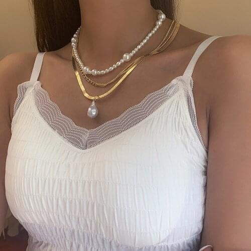 Fashion Layered Imitation Pearl Pendant Necklaces for Women Statement Gold Color Herringbone Choker Necklace Party Charm Jewelry