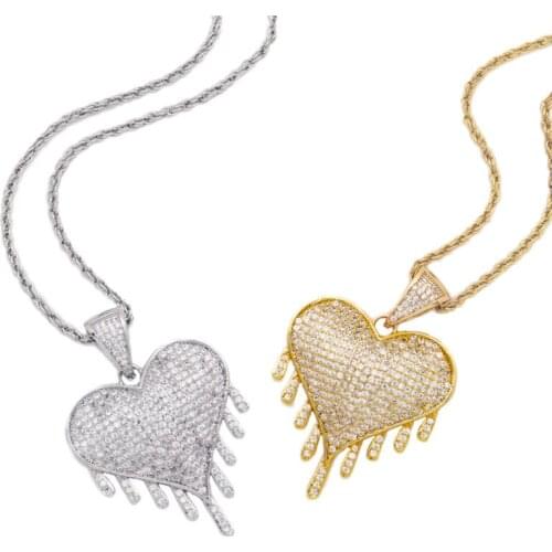 Lucky Sonny Drip Heart Gold Silver Color Hip Hop Bling Pendants & Necklaces Full CZ Iced Paved Heart Necklace Rapper Men Jewelry