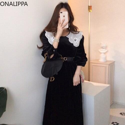 ONALIPPA Women Dress 2021 Autumn French Sweet Embroidered Doll Collar Contrast Stitching High Waist Long Sleeve Velvet Vestidos