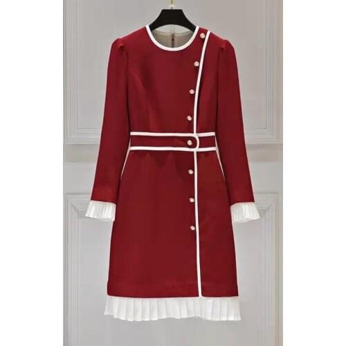 Top Quality New Womens Dress 2021 Autumn Work Ladies White Pleated Ruffle Patchwork Beading Button Long Sleeve Bodycon Dress OL