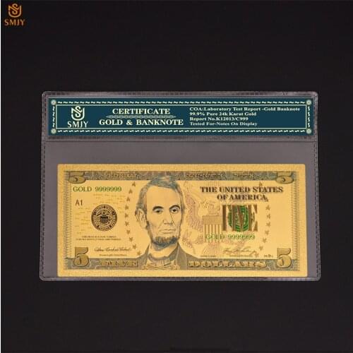 1Pcs US 1928 Models 5 Dollar Money 24k Gold Foil Bill World Currency Fake Banknote Collection With COA Frame