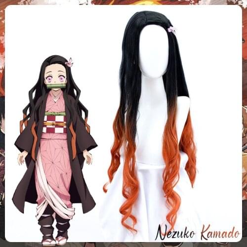 100cm Synthetic Wig Nezuko Kimetsu no Yaiba Demon slayer Cosplay Wigs for Women Ombre Hair Black Orange Wavy Curly