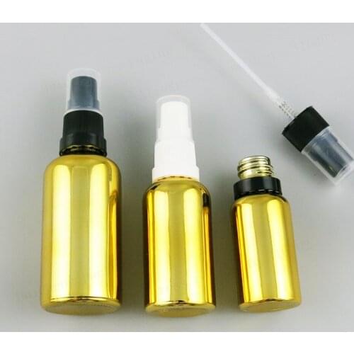 200 x Empty Refillable 100ml50ml 30ml 20ml 15ml 10ml 5ml Gold Glass Essential Oil Bottle With Fine Mist Sprayer Container