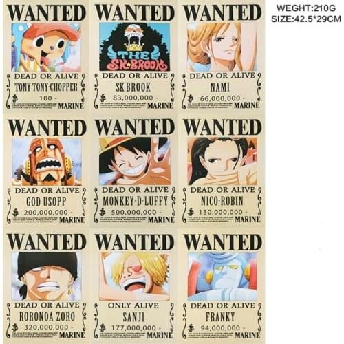 9 PCS/LOT ONE PIECE Wanted Posters Newest Anime Poster Size 42x29 cm ONEPIECE Toys Monkey D. Luffy Roronoa Zoro Bounty WX267
