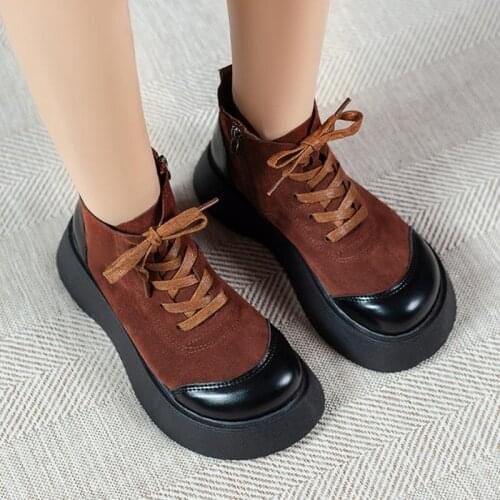 Ankle Boots Women Autumn Round Toe Thick Botoom Platform Brown Boots Woman Lace-up Zipper Casual Short Botas Suede Size 35-40