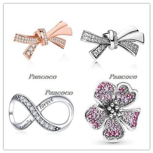 925 Sterling Silver Rose Sparkling Oversized Brilliant Bow With Crystal Beads Fit Pandora Bracelet & Necklace Jewelry