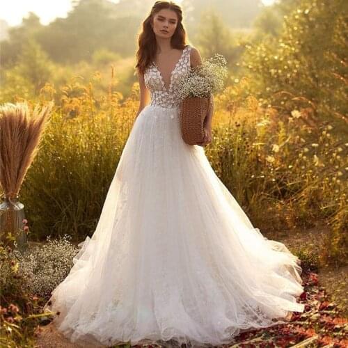 Elegant Fairy Boho Wedding Dresses Lace Vintage Wedding Gowns Turkey V Neck Back Vestidos Renda Bohemian Bride Dress 2021 New