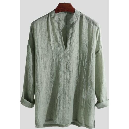 Mens T-shirt Cotton Linen Casual Loose Shirts Summer Tops Short Sleeve Tee Ovesized Solid Button T Shirt For Men