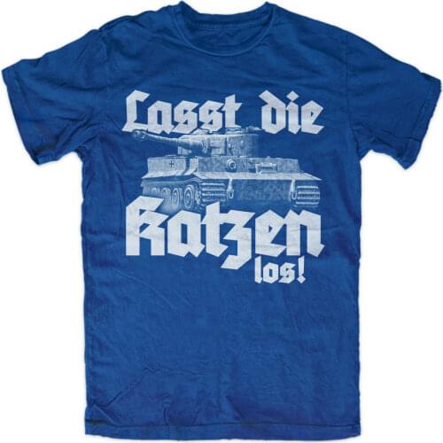 Let The Cats Lot 2 Men T-Shirt Blue Tank Tiger Panzer Force Short Casual 100% COTTON O-Neck Mens T Shirts
