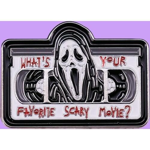 Whats Your Favorite Scary Movie Videotape Enamel Brooch Pin Backpack Hat Bag Lapel Pins Badges Fashion Jewelry Accessories
