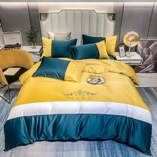 Svetanya Yellow Solid Stripes Embroidery Queen King Size Flat Sheet Duvet Cover Set Rayon Satin Polyester Bedding Set Bedlinens