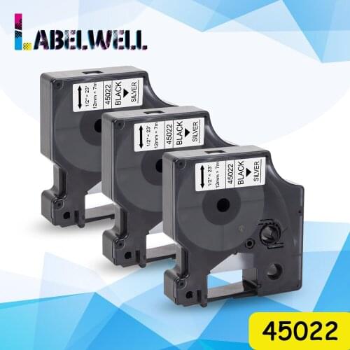 Labelwell 3PK 45022 12MM label tape Black on Silver compatible for Dymo Label Manager LM160 LM280 210D 220P Label printer