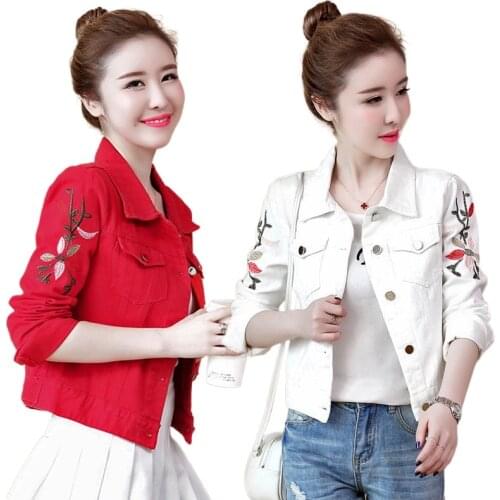 2021 spring and autumn new embroidered flowers short denim jacket female Korean version of all-match slim jacket top