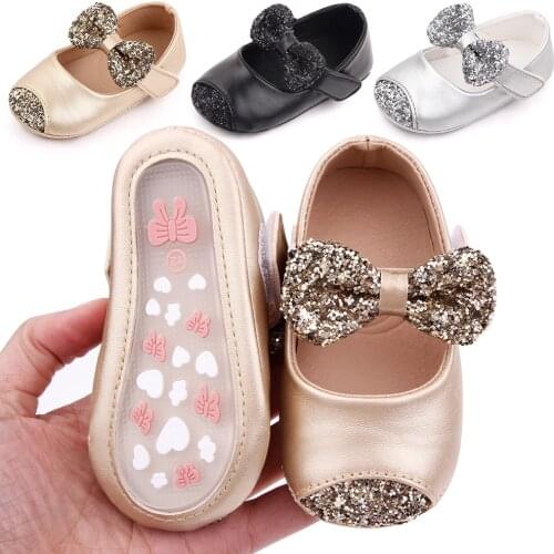 Newborn Baby Girls Shoes Pu Leather Buckle First Walkers With Bow Sequins Golden Silver Black Soft Soled Non-slip Crib Shoes