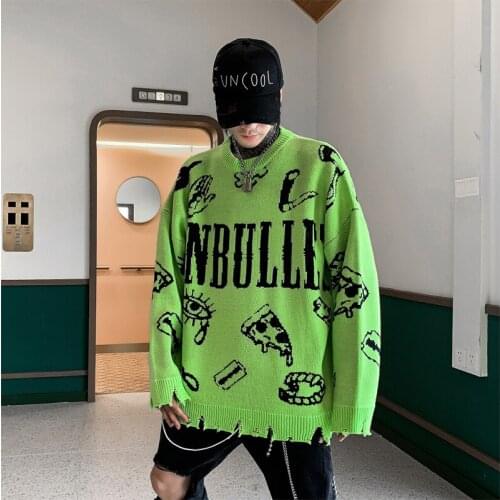 Hole Hip Hop Abstract Pattern Letters Knitted Sweatshirts Sweater Men Pullover Autumn Winter Casual Loose High Street Jumper Top