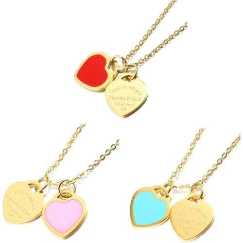 Fashion Heart Shaped Pendant Necklace For Women Men Stainless Steel Simple Double Design Choker Green Pink Blue Color Jewelry