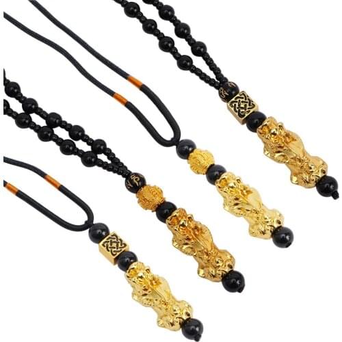 Pixiu Pendant Necklace Symbol Wealth and Good Luck Charm Necklace Choker Chinese Feng Shui Faith Obsidian Stone Beads Necklaces