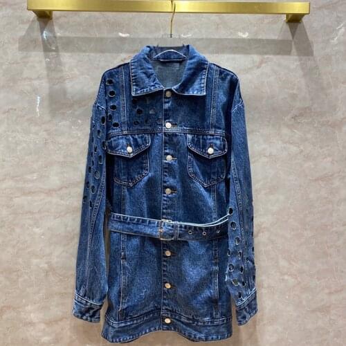 Chic Women Hollow-out Denim coat 2020 Autumn Korean style womens High quality Belt loose Denim jackets C114