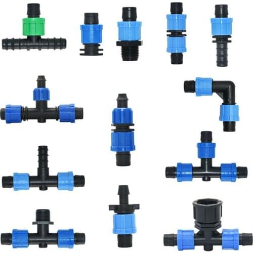 20pcs 16mm Drip Tape Connectors Tee Elbow End Plug Coupler Water Splitter With Lock Nut Drip irrigation Joint 1/2 3/4 Thread