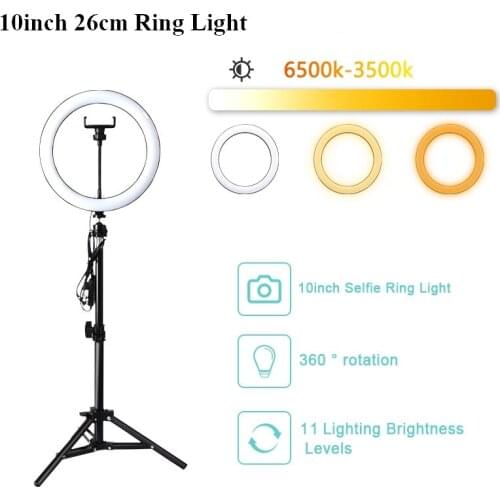 Photo LED Selfie Ring Fill Light 10 inch 26cm USB Plug Dimmable Ring Light Tripod Phone Holder for Video Shooting Makeup Youtube