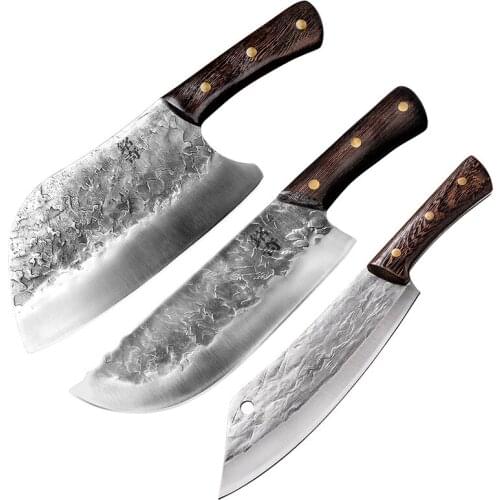 Traditional Handmade Forged Kitchen Knife Hammer Stainless Steel Chefs Chopper Cooking Knives Wooden Meat Slicer Butcher 2021