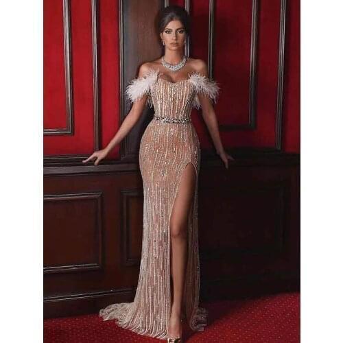 2021 Off Shoulder Feather sequin luxury Evening Party Dresses Tulle Prom designer dresses Runway Side Split Arabic Birthday Gown