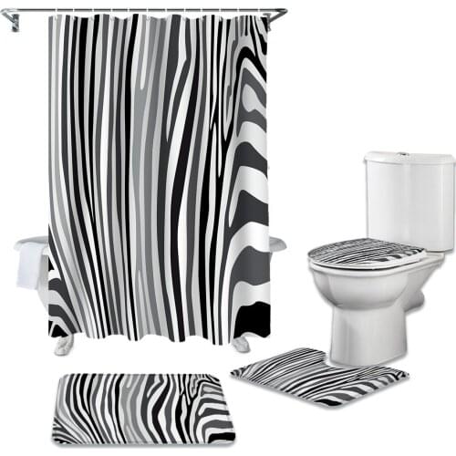 Zebra Black And White Stripes Shower Curtain Toilet Seat Cover Set Wc Accessories Mat Bathroom Decor Bath Curtains