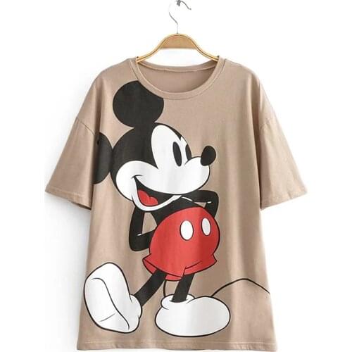 Obrix Casual Female Cotton T-Shirt O-Neck Short Sleeve Cartoon Print Mouse Picture Loose T-Shirt For Women
