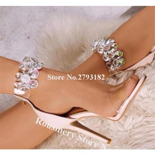 Women Elegant Open Toe One PVC Strap Stiletto Heel Diamond Sandals Ankle Crystal Cross Beige Black High Heel Sandals Dress Shoes