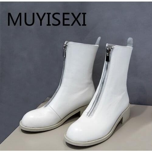 Boots Womens Winter Zipper in Front Genuine Leather Women Ankle Boots Low Thick Heel Shoes Causal Motorcycles YT11 MUYISEXI